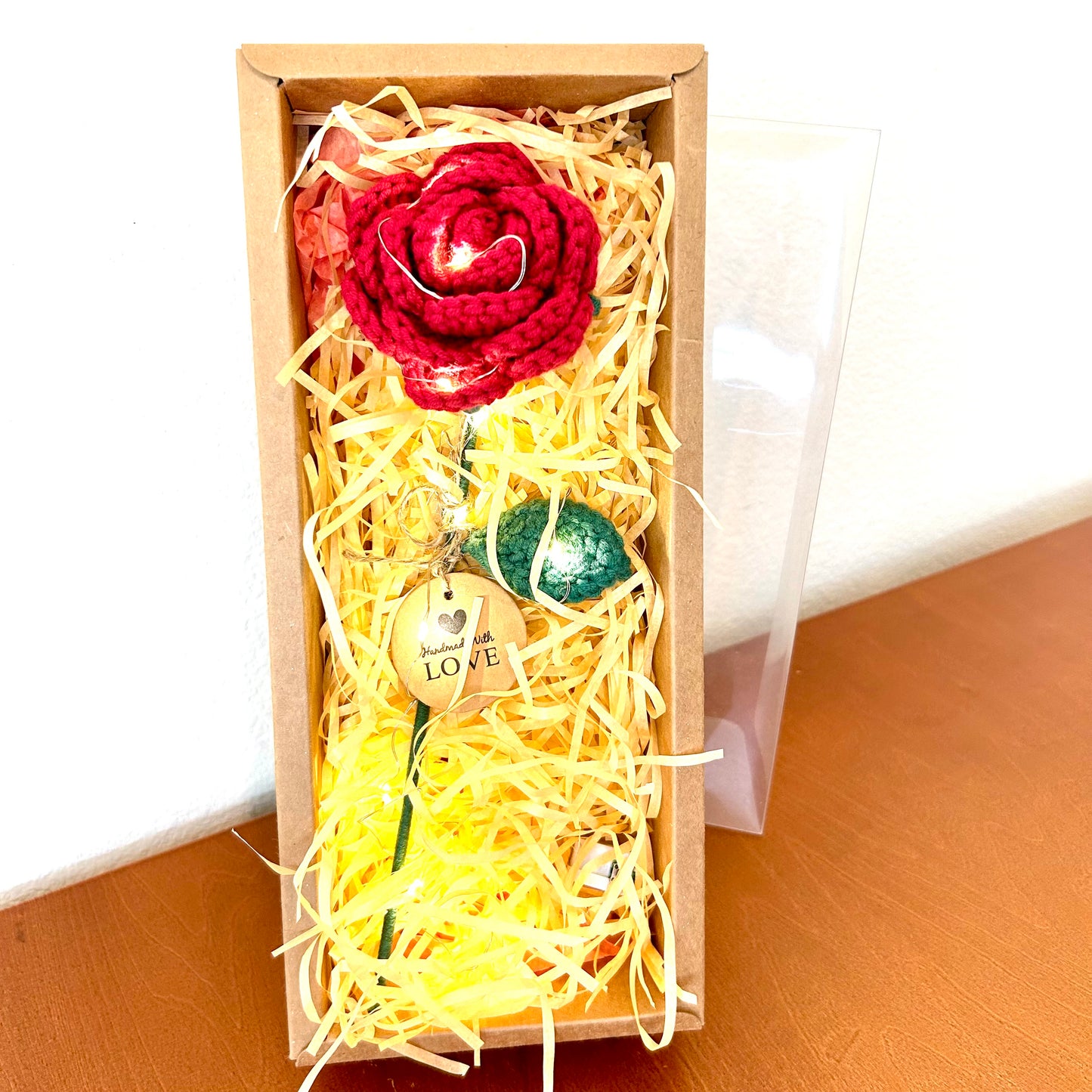 Handmade Crochet Knitted Rose Flower and LED Light Showcased in a Decorative Box