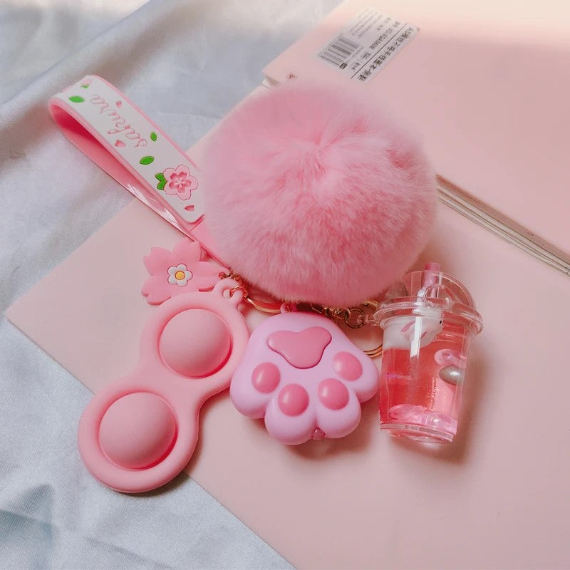 Bubble Boba Floating Liquid Tea Cup Pom Pom Pop It Cat Paw Light Sound Pink Kawaii Cutie Key Pendant Keychain Handbag Charm Gift Fashion Accessories