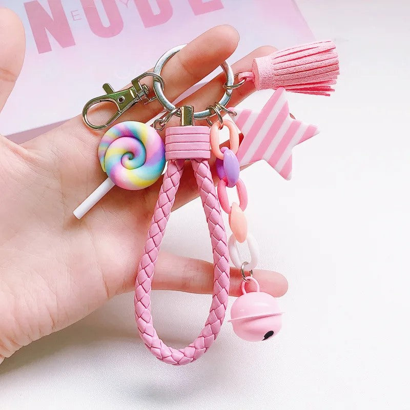 Lovely Rainbow Lollipop Star Bell Handmade Tassel Strap Braided Rope Kawaii Cutie Key Pendant Keychain Handbag Charm Gift Fashion Accessories