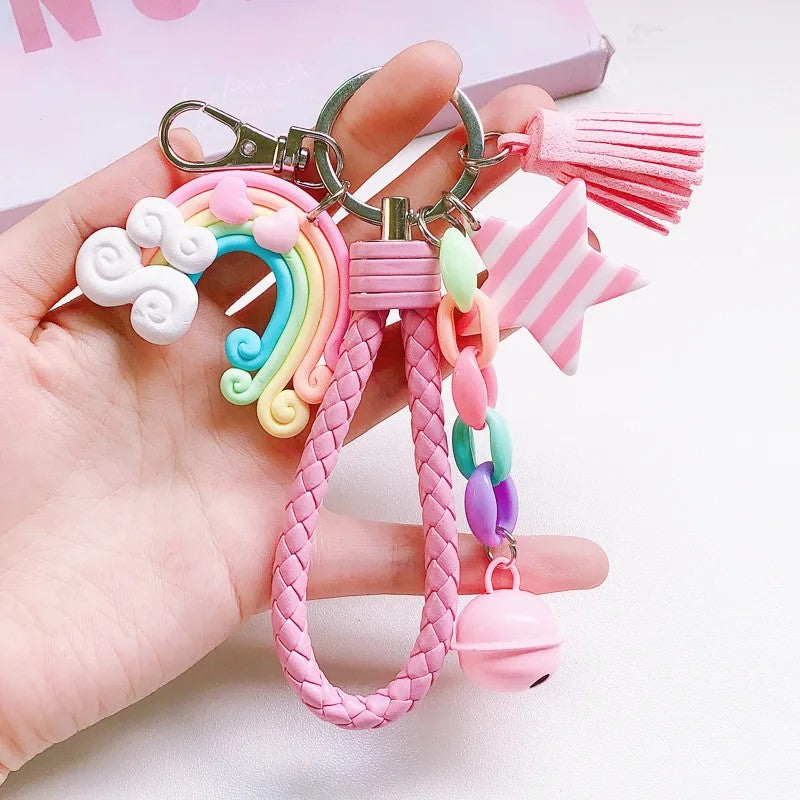 Lovely Rainbow Lollipop Star Bell Handmade Tassel Strap Braided Rope Kawaii Cutie Key Pendant Keychain Handbag Charm Gift Fashion Accessories