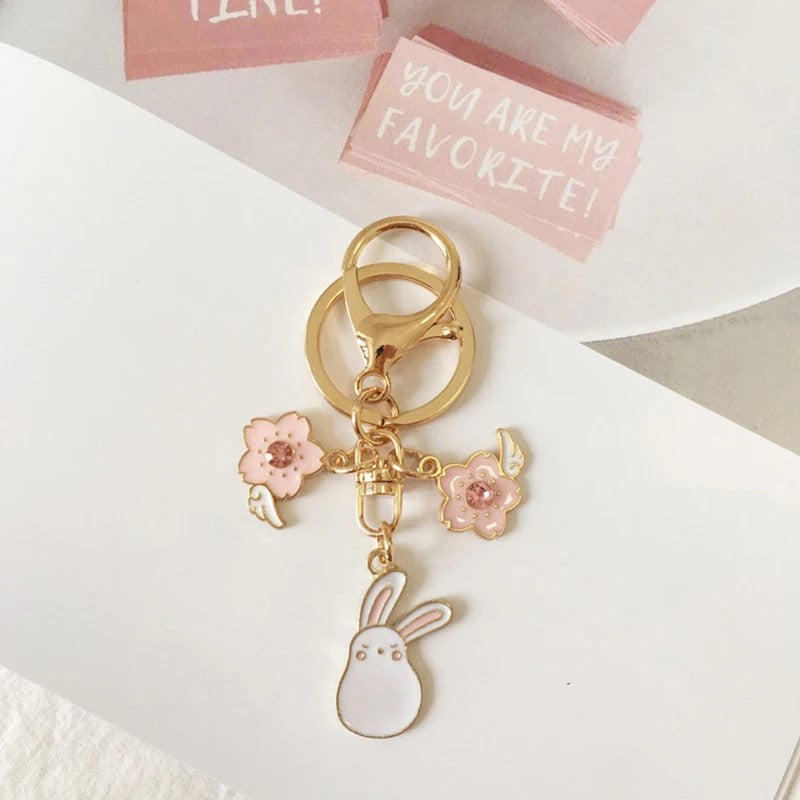 Handmade Enamel Angel Wing Sakura Flower Bunny Metal Kawaii Cutie Keychain Handbag Charm Gift Fashion Accessories