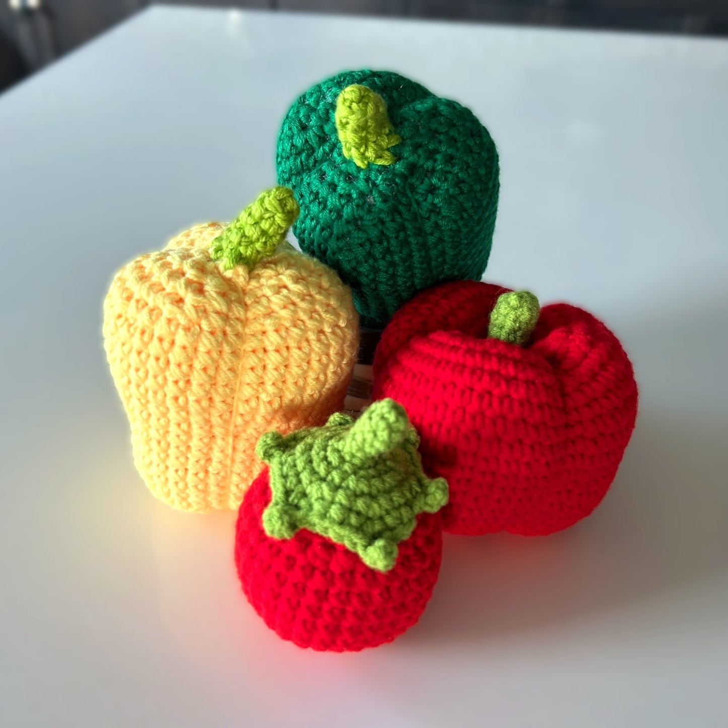 Handmade Crochet Knitted Vegetable Tomato and Yellow, Green, Red Bell Peppers - Gift for Valentine's, Birthday, Mother's Day, Office/Home Decor