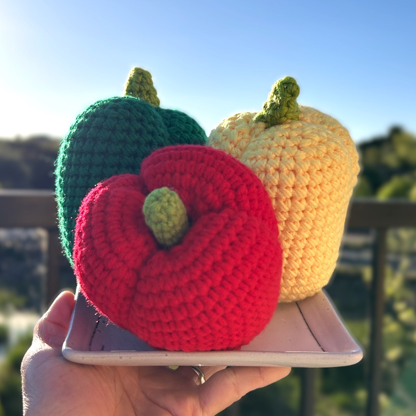 Handmade Crochet Knitted Vegetable Bell Pepper Set - Yellow, green, and Red - Gift for Valentine's, Birthday, Mother's Day, Office/Home Decor