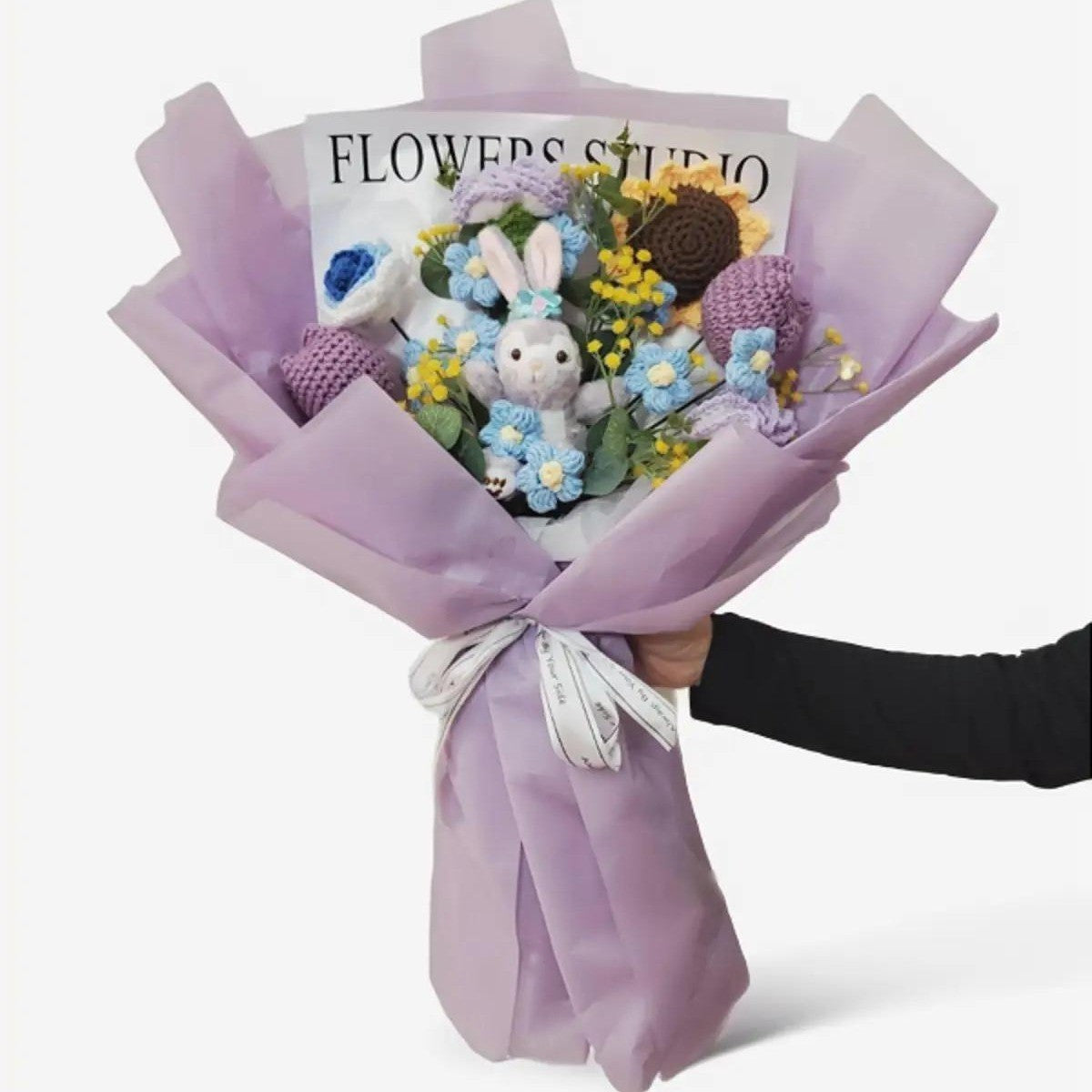 Handmade Crochet Knitted Adorable Bunny Flower Bouquet Eco and LED String Light CB0002-PURPLE - Gift for Valentine's, Birthday, Mother's Day, Office/Home Decor