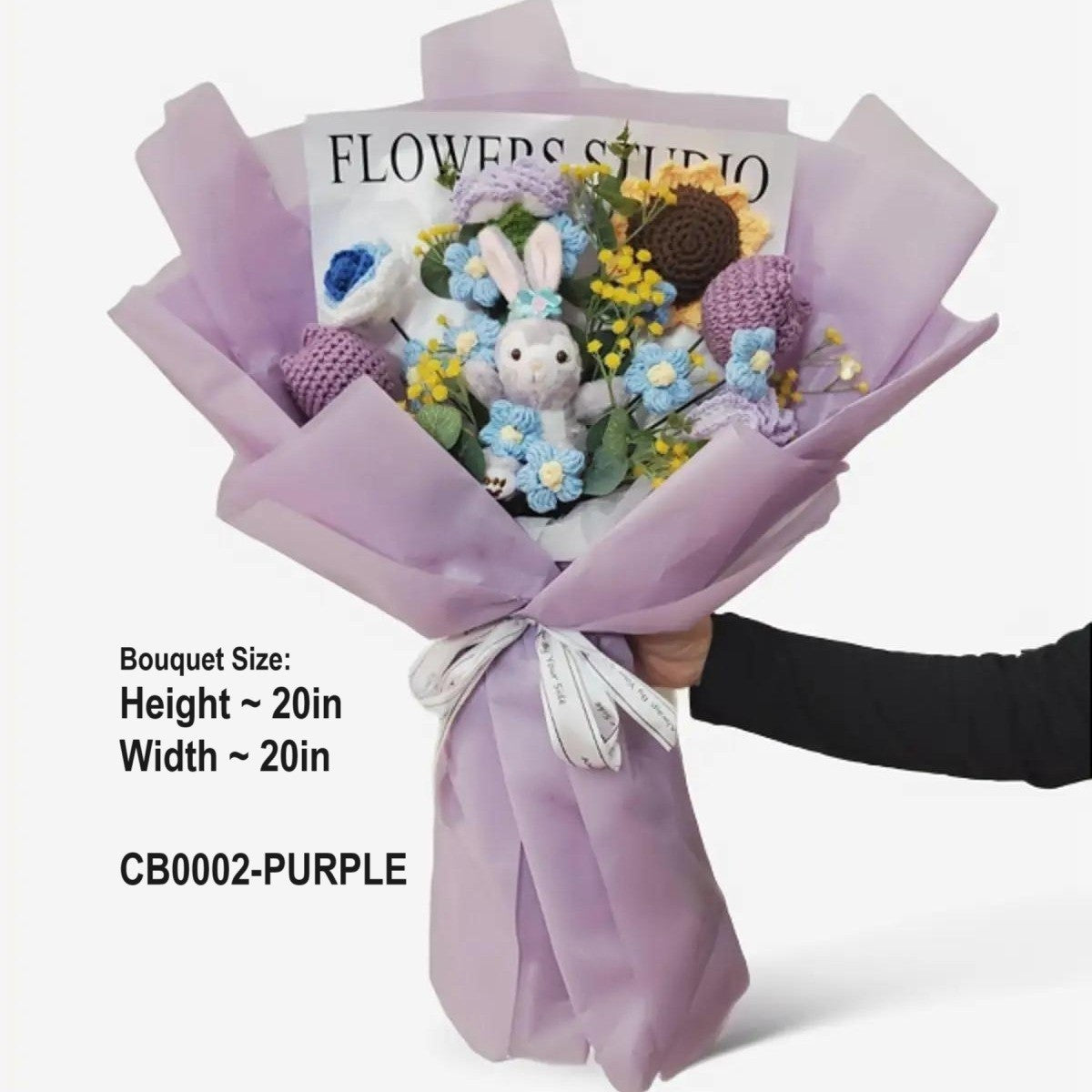Handmade Crochet Knitted Adorable Bunny Flower Bouquet Eco and LED String Light CB0002-PURPLE - Gift for Valentine's, Birthday, Mother's Day, Office/Home Decor