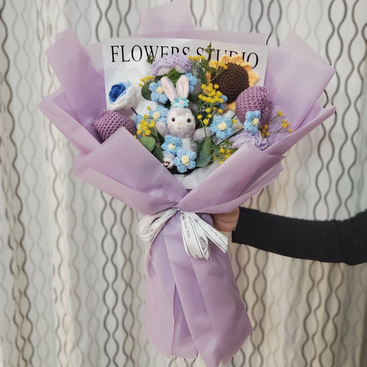 Handmade Crochet Knitted Adorable Bunny Flower Bouquet Eco and LED String Light CB0002-PURPLE - Gift for Valentine's, Birthday, Mother's Day, Office/Home Decor