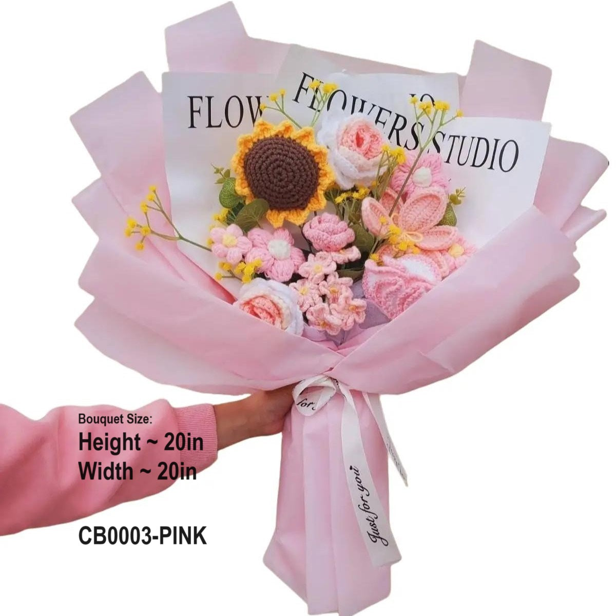 Handmade Crochet Knitted Lovely Pink Flower Bouquet Eco and LED String Light CB0003-PINK - Gift for Valentine's, Birthday, Mother's Day, Office/Home Decor