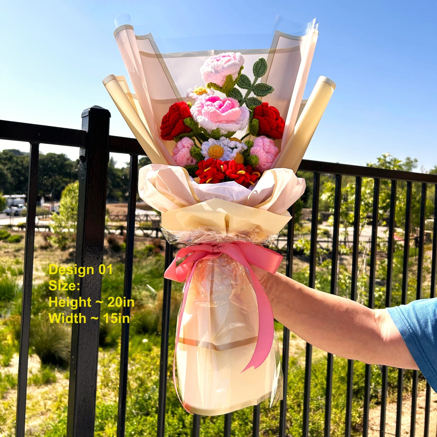 Handmade Crochet Knitted Everlasting Love Flower Bouquet - Gift for Valentine's, Birthday, Mother's Day, Graduation, Office/Home Decor