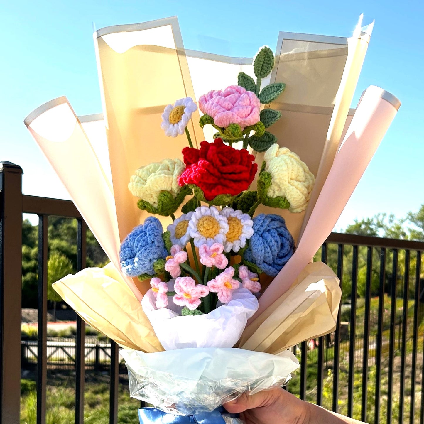 Handmade Crochet Knitted Everlasting Love Flower Bouquet - Gift for Valentine's, Birthday, Mother's Day, Graduation, Office/Home Decor