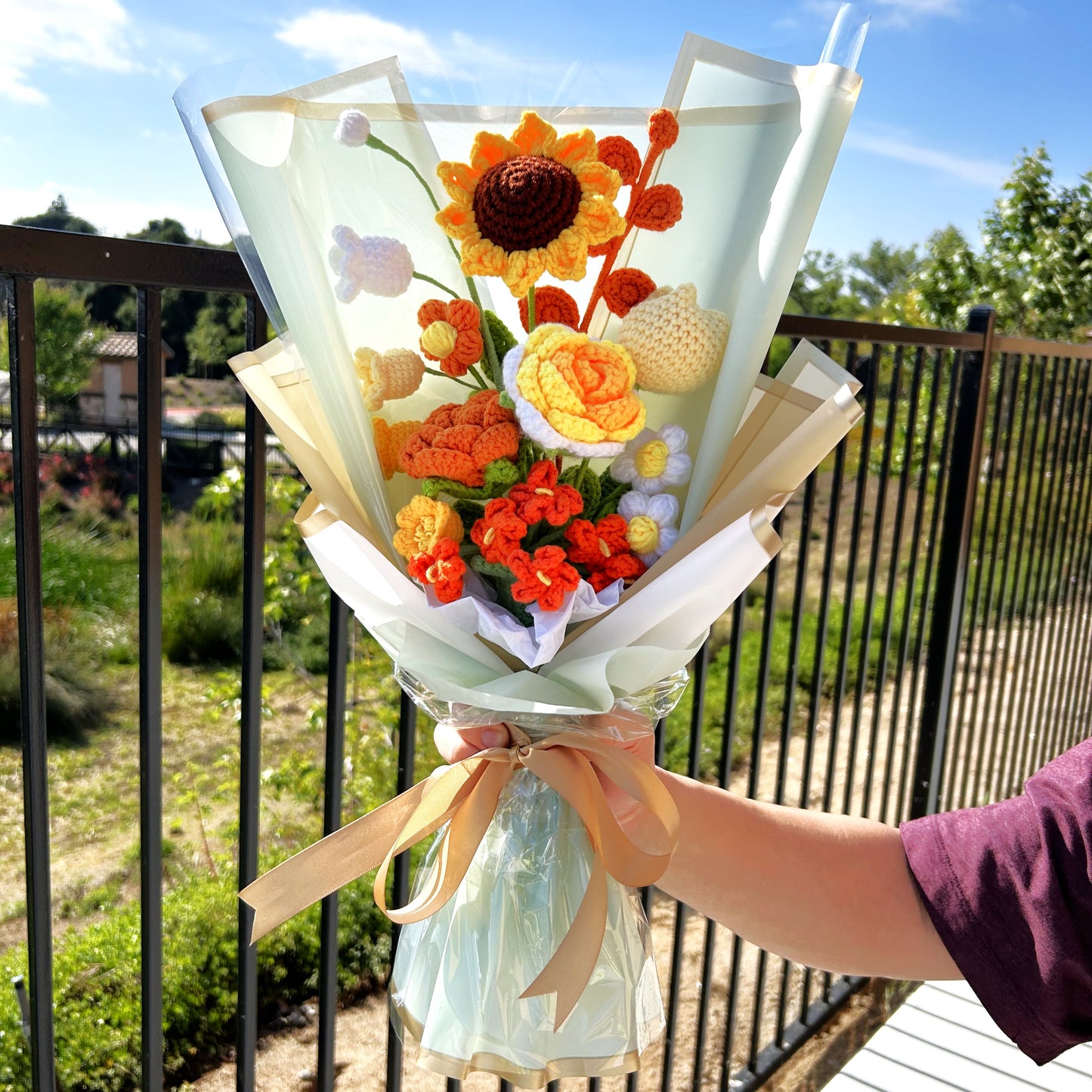 Handmade Crochet Knitted Everlasting Love Sunshine Flower Bouquet - Gift for Graduation, Birthday, Anniversary, Valentine's, Mother's Day, Office/Home Decor