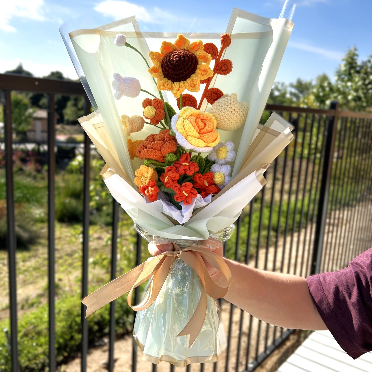 Handmade Crochet Knitted Everlasting Love Sunshine Flower Bouquet - Gift for Graduation, Birthday, Anniversary, Valentine's, Mother's Day, Office/Home Decor