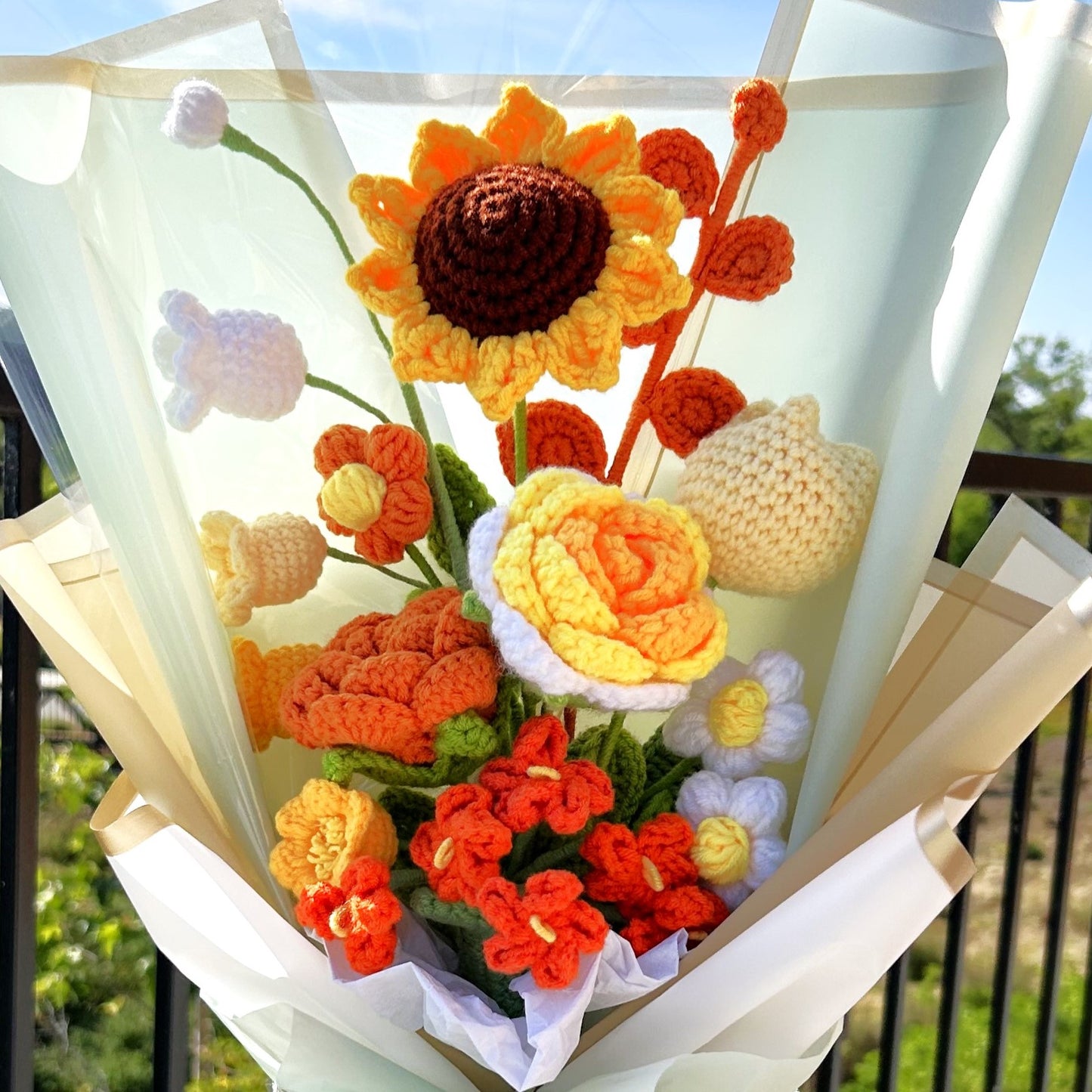 Handmade Crochet Knitted Everlasting Love Sunshine Flower Bouquet - Gift for Graduation, Birthday, Anniversary, Valentine's, Mother's Day, Office/Home Decor