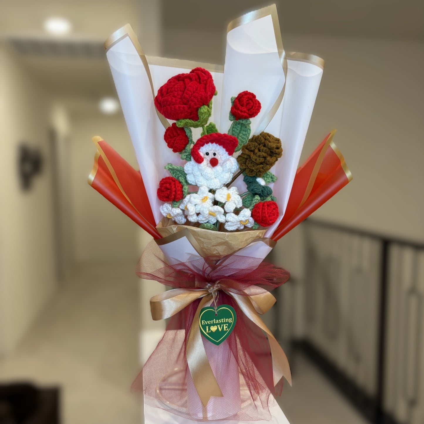 Handmade Crochet Knitted Christmas Everlasting Love Flower Bouquet - Gift for Christmas, Birthday, Mother's Day, Graduation, Office/Home Decor