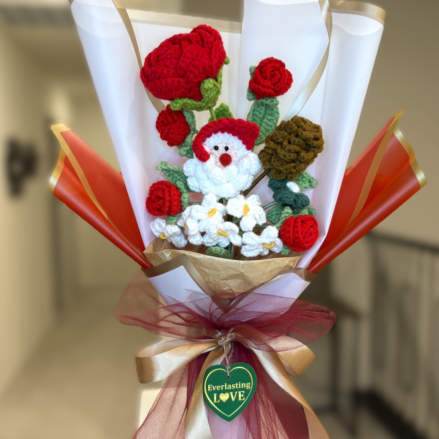 Handmade Crochet Knitted Christmas Everlasting Love Flower Bouquet - Gift for Christmas, Birthday, Mother's Day, Graduation, Office/Home Decor