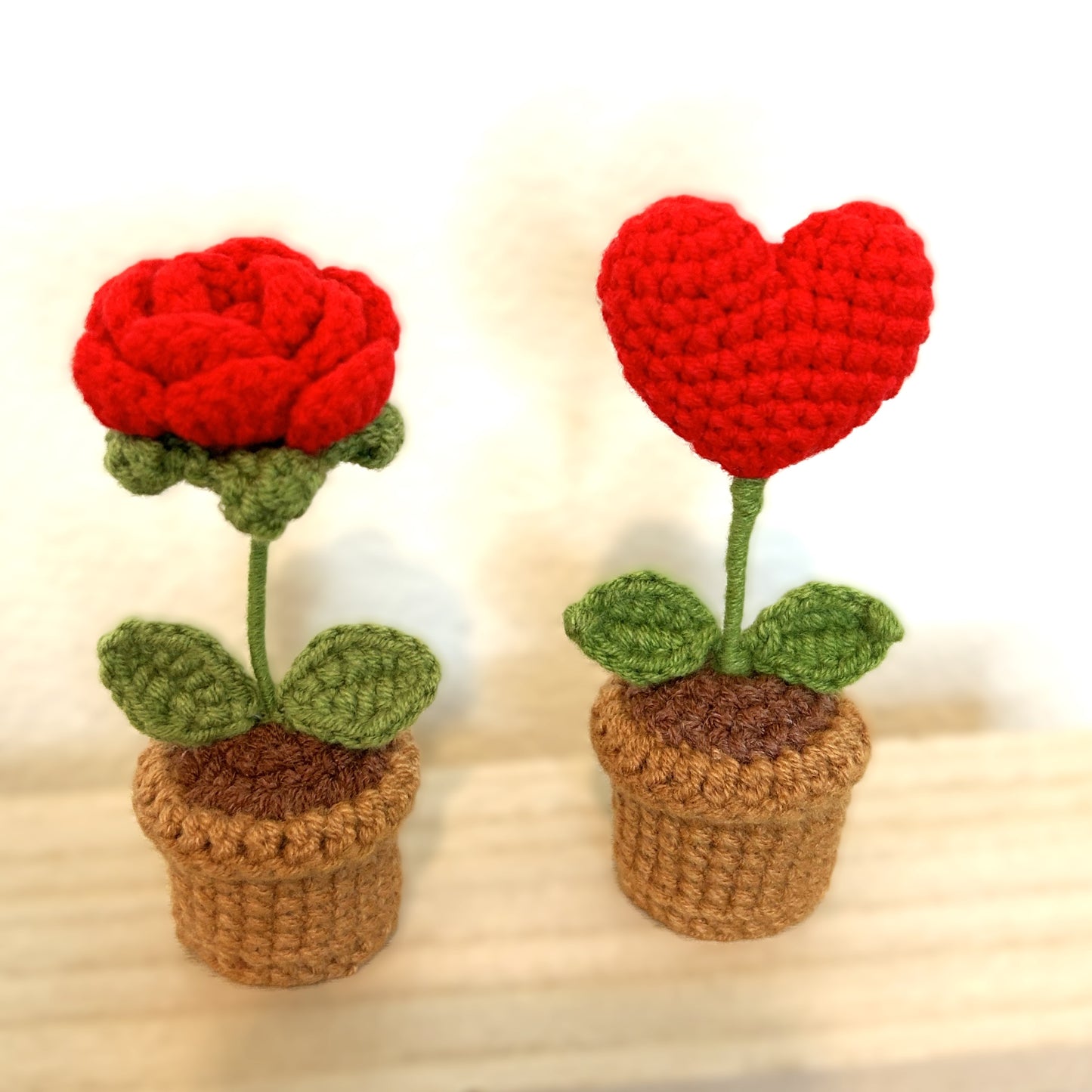 Blossoming Love - Handmade Crochet Knitted Potted Plant - Heart and Rose Bundle 2PCS - Gift for Valentine's, Birthday, Mother's Day, Office/Home Decor