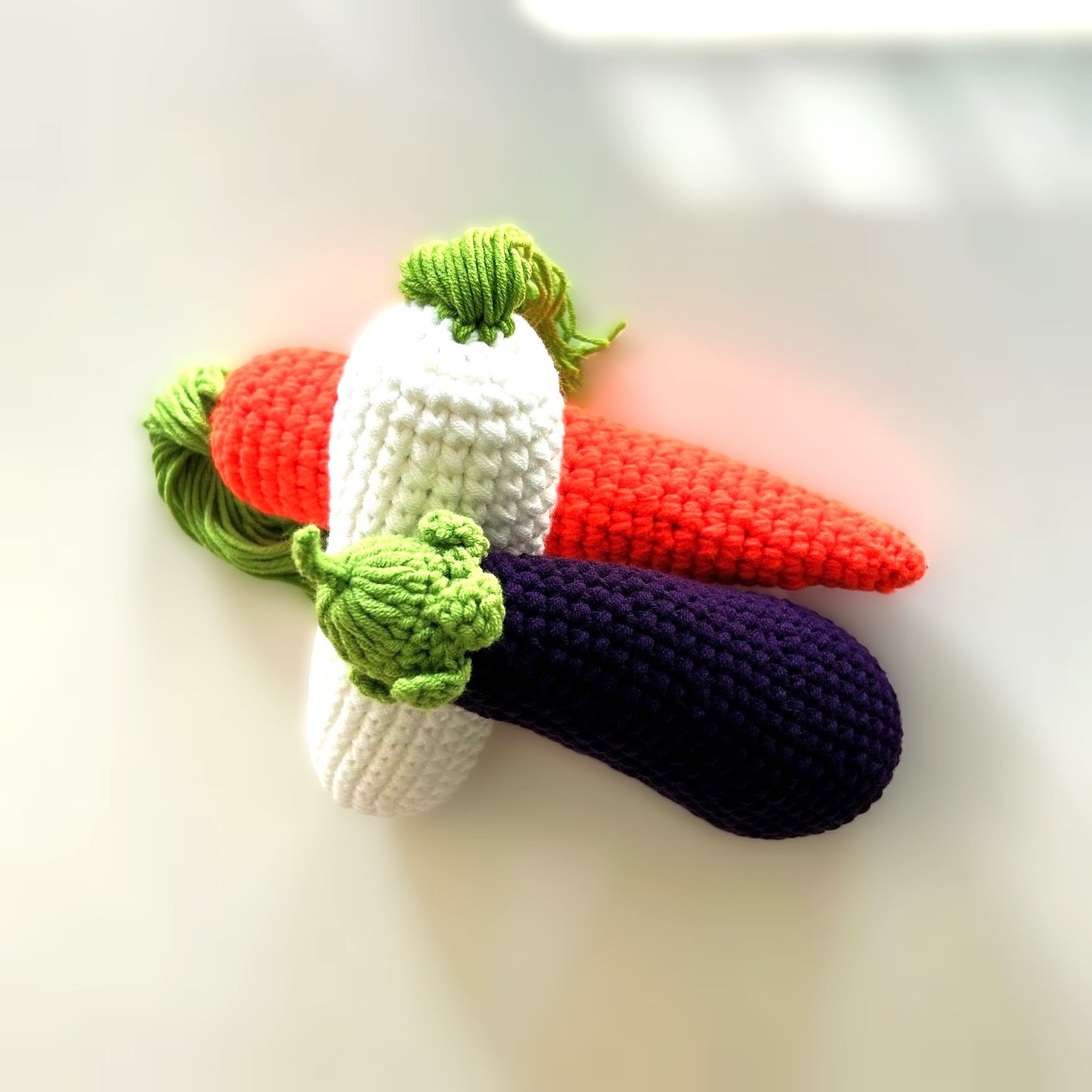 Handmade Crochet Knitted Vegetable Eggplant, Carrot, White Radish - Gift for Valentine's, Birthday, Mother's Day, Office/Home Decor