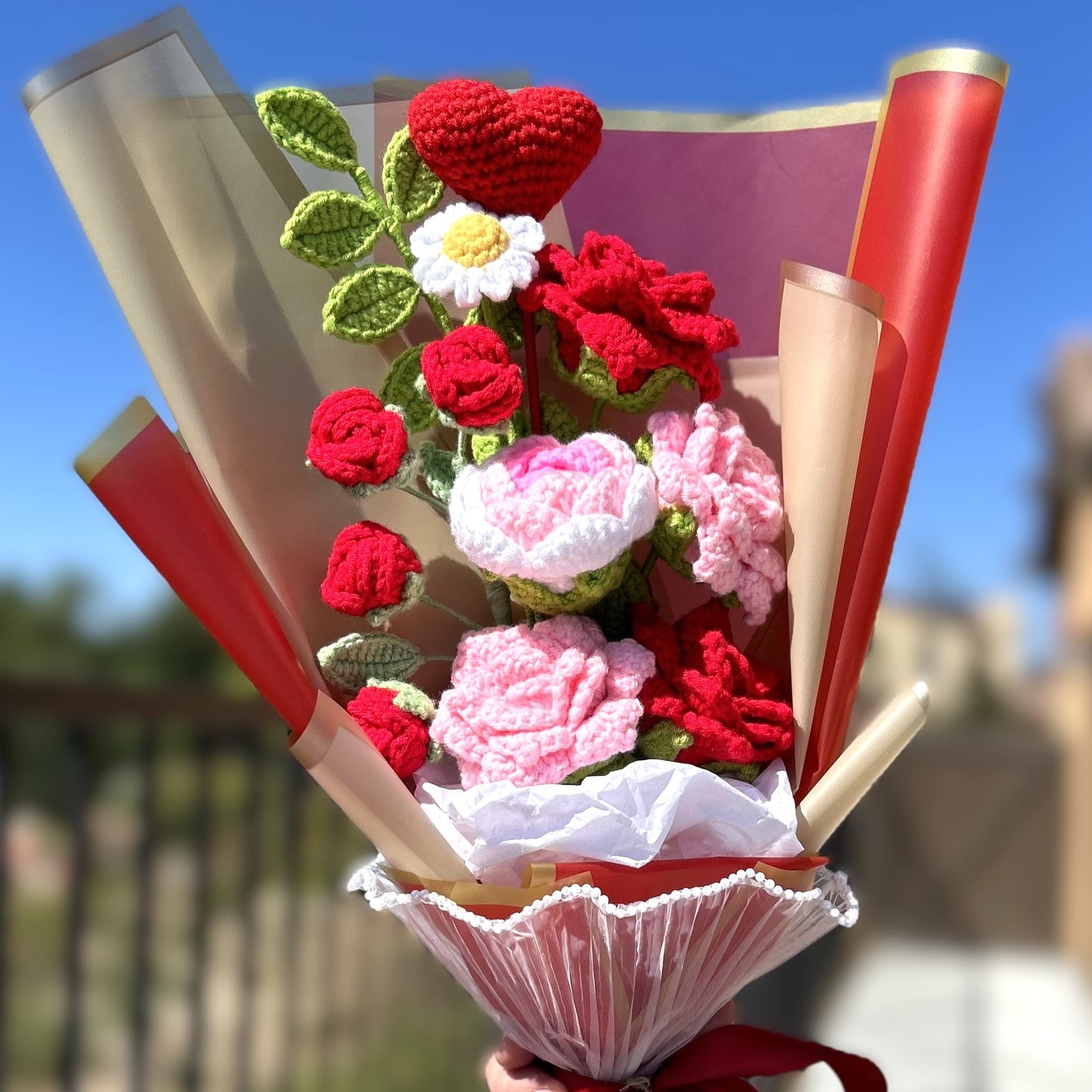Handmade Crochet Knitted Be Mine Everlasting Love Flower Bouquet - Gift for Valentine's, Birthday, Mother's Day, Graduation, Office/Home Decor