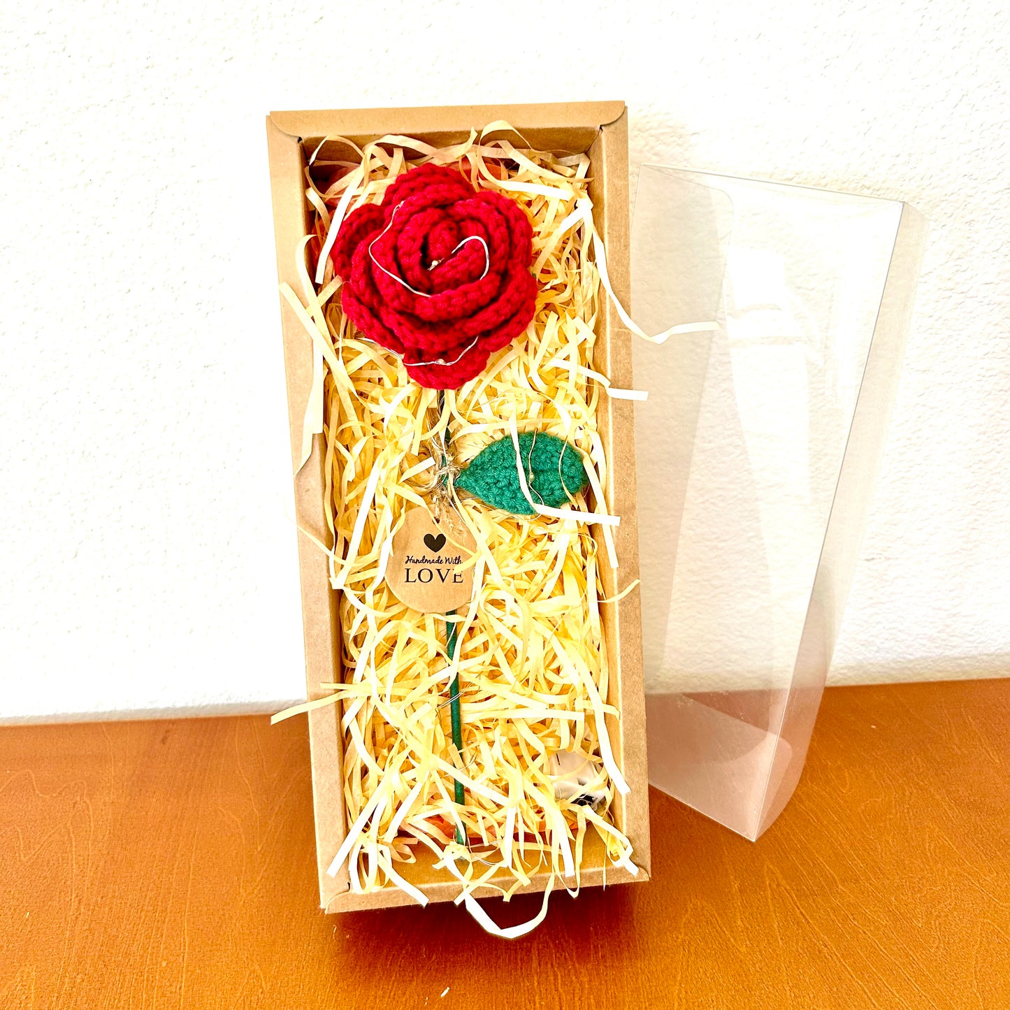 Handmade Crochet Knitted Rose Flower and LED Light Showcased in a Decorative Box