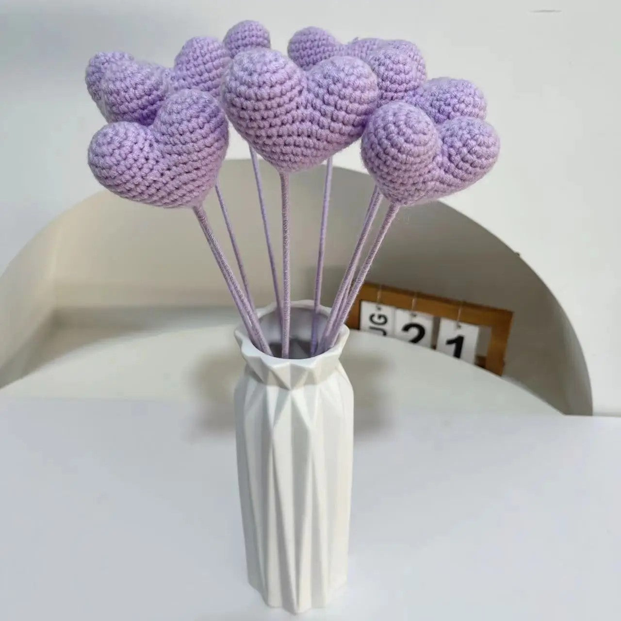 Handmade Crochet Knitted Love Heart Flower Branch - Gift for Valentine's, Birthday, Mother's Day, Office/Home Decor