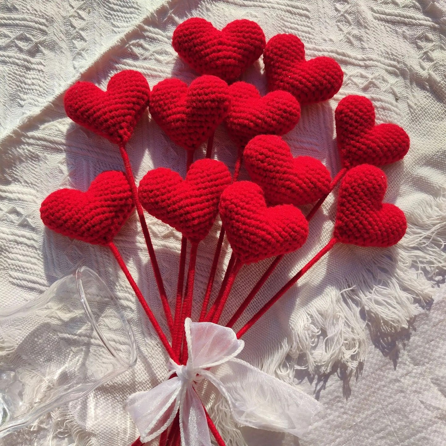Handmade Crochet Knitted Love Heart Flower Branch - Gift for Valentine's, Birthday, Mother's Day, Office/Home Decor