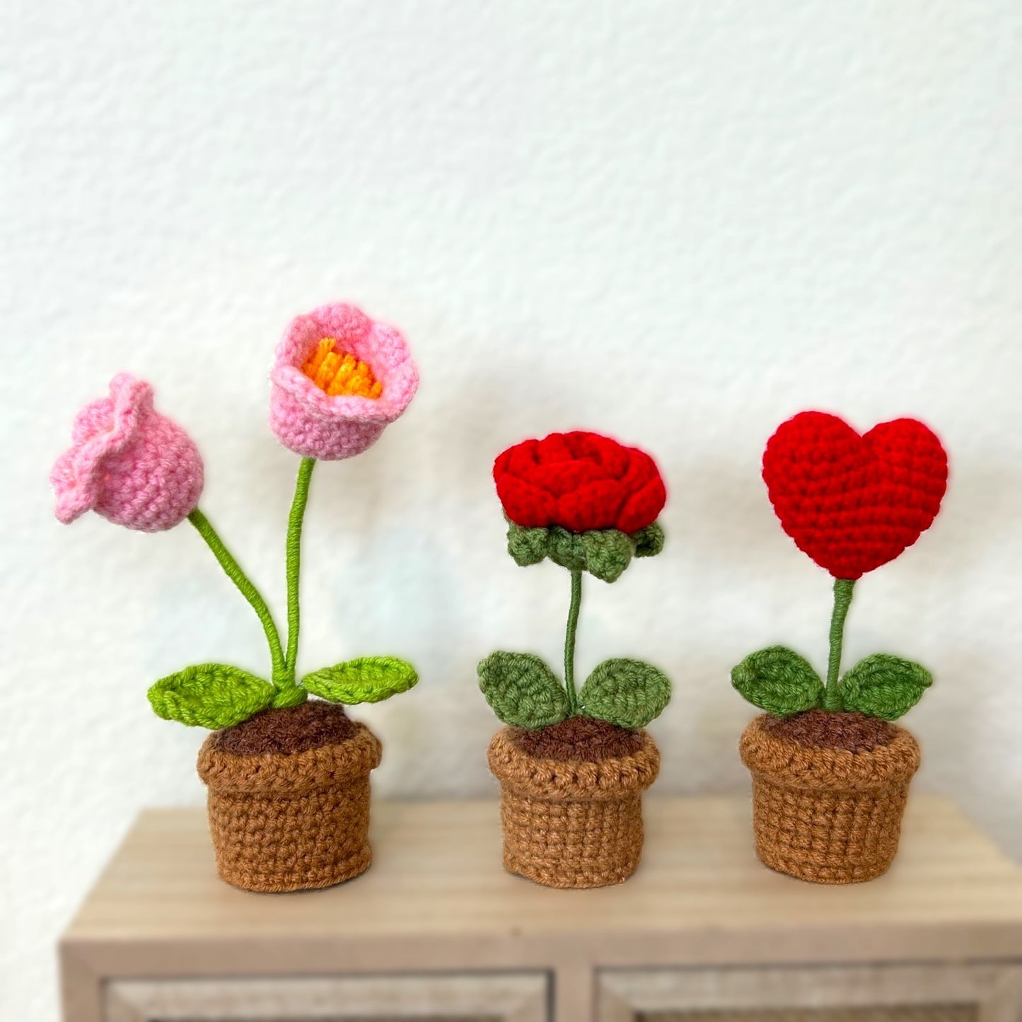 Handmade Crochet Knitted Potted Plant Set Bellflower, Rose, Heart - Gift for Valentine's, Birthday, Mother's Day, Office/Home Decor