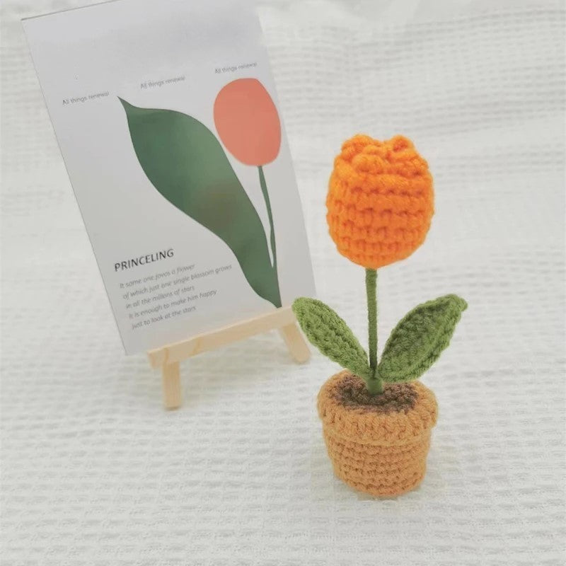Handmade Crochet Knitted Stuffed Tulip Flower Potted Plant - Gift for Valentine's, Birthday, Mother's Day, Office/Home Decor