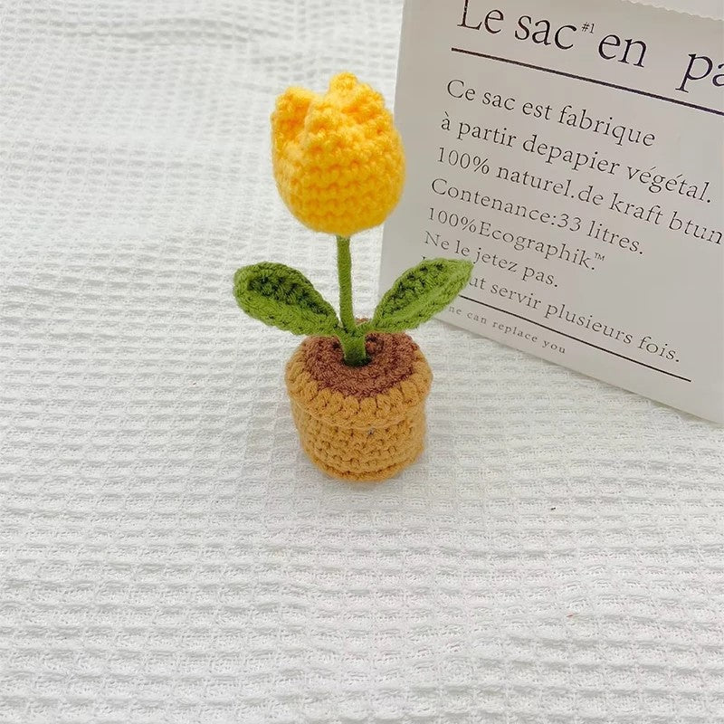 Handmade Crochet Knitted Stuffed Tulip Flower Potted Plant - Gift for Valentine's, Birthday, Mother's Day, Office/Home Decor