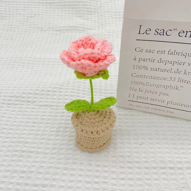Handmade Crochet Knitted Rose Flower Potted Plant - Gift for Valentine's, Birthday, Mother's Day, Office/Home Decor
