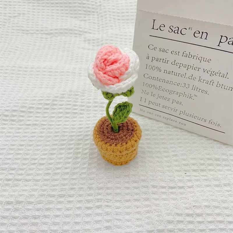 Handmade Crochet Knitted Rose Flower Potted Plant - Gift for Valentine's, Birthday, Mother's Day, Office/Home Decor