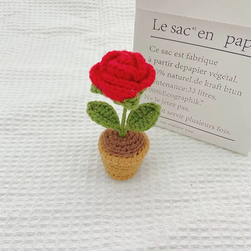 Handmade Crochet Knitted Rose Flower Potted Plant - Gift for Valentine's, Birthday, Mother's Day, Office/Home Decor