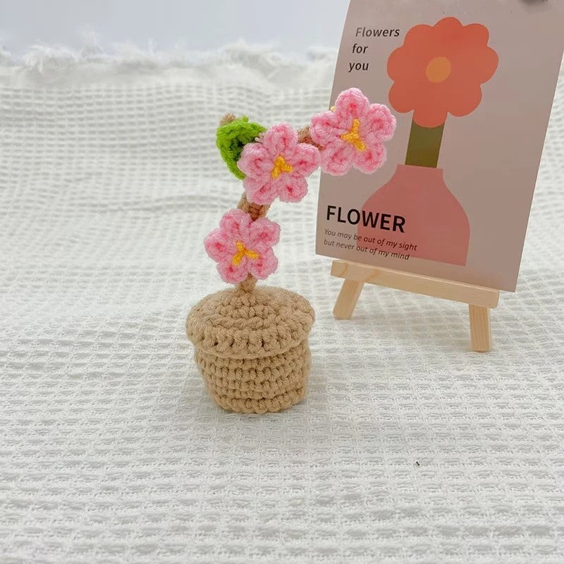 Handmade Crochet Knitted Sakura Cherry Flower Potted Plant - Gift for Valentine's, Birthday, Mother's Day, Office/Home Decor
