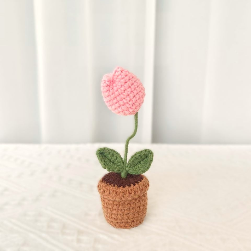 Handmade Crochet Knitted Stuffed Tulip Flower Potted Plant - Gift for Valentine's, Birthday, Mother's Day, Office/Home Decor