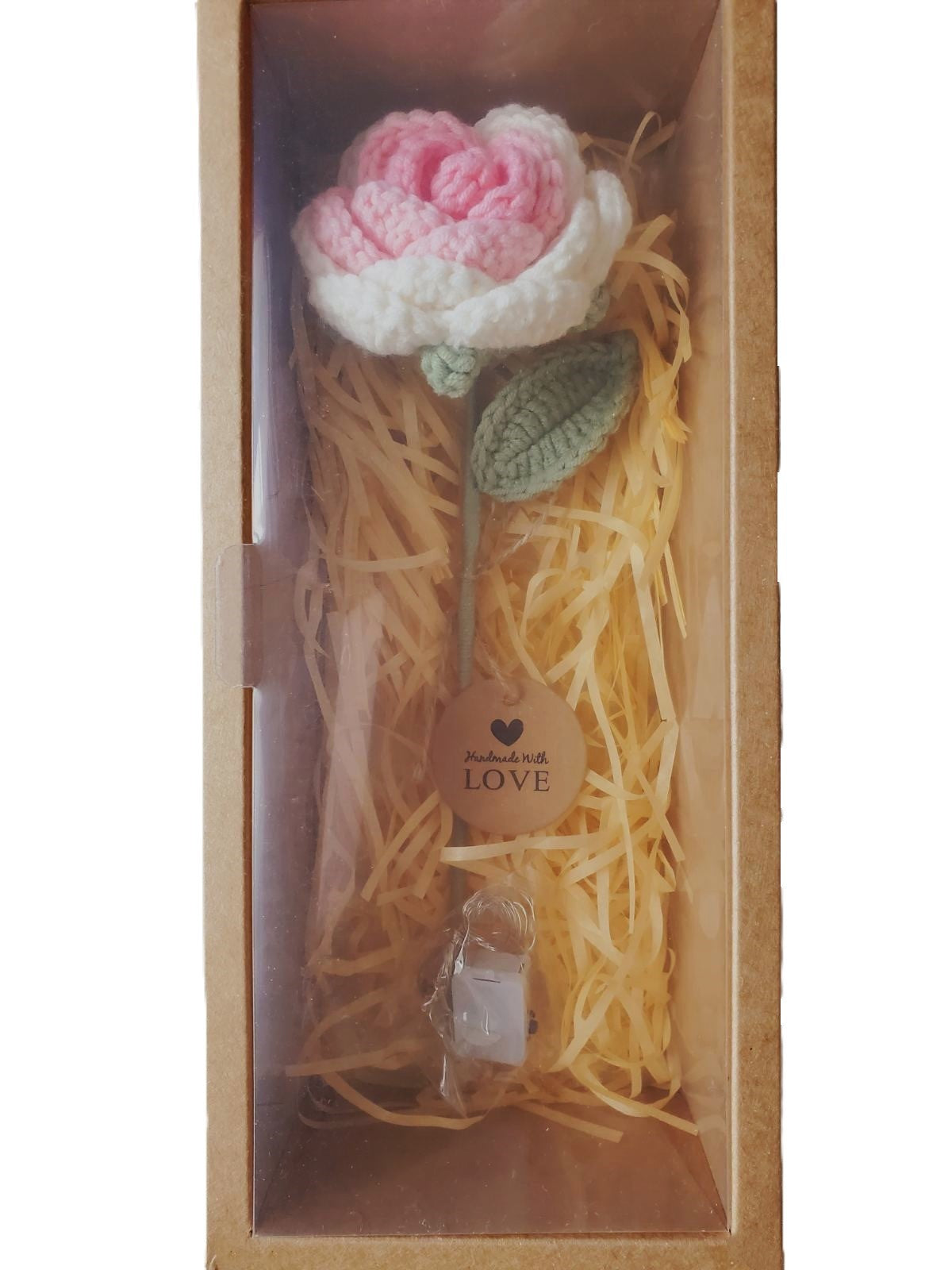 Handmade Crochet Knitted Rose Flower and LED Light Showcased in a Decorative Box