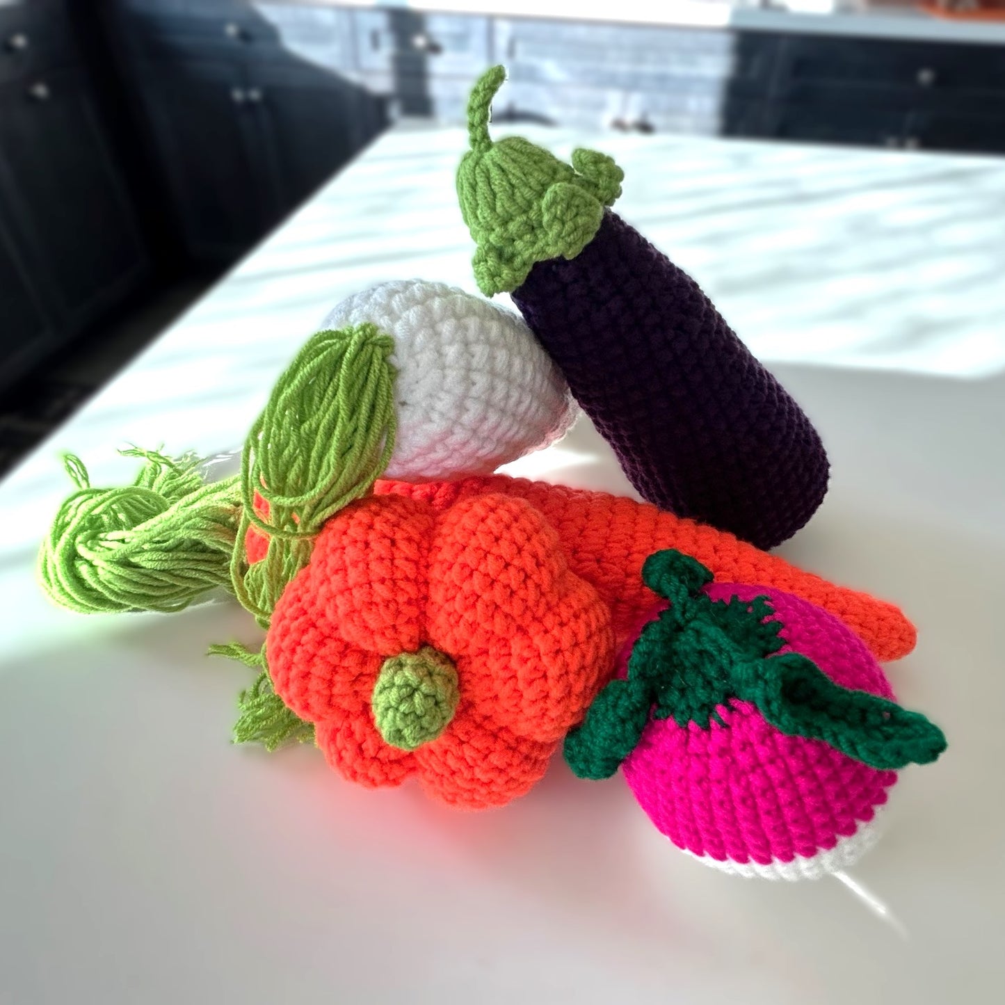 Handmade Crochet Knitted Vegetable Pumpkin, Turnip, Carrot, White Radish, Eggplant Set - Gift for Valentine's, Birthday, Mother's Day, Office/Home Decor