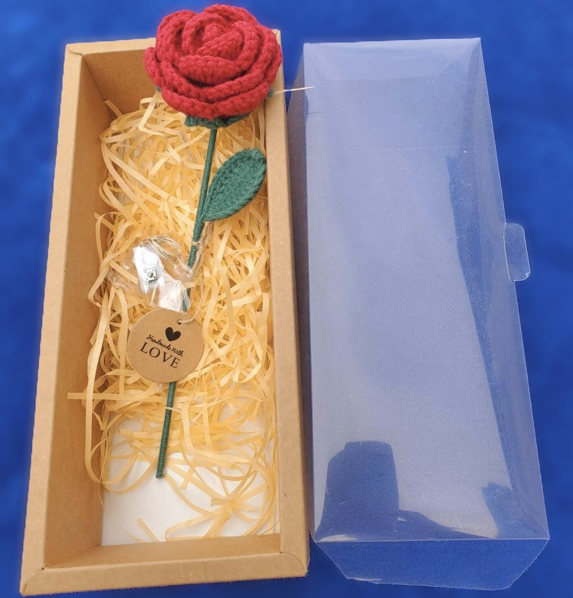 Handmade Crochet Knitted Rose Flower and LED Light Showcased in a Decorative Box