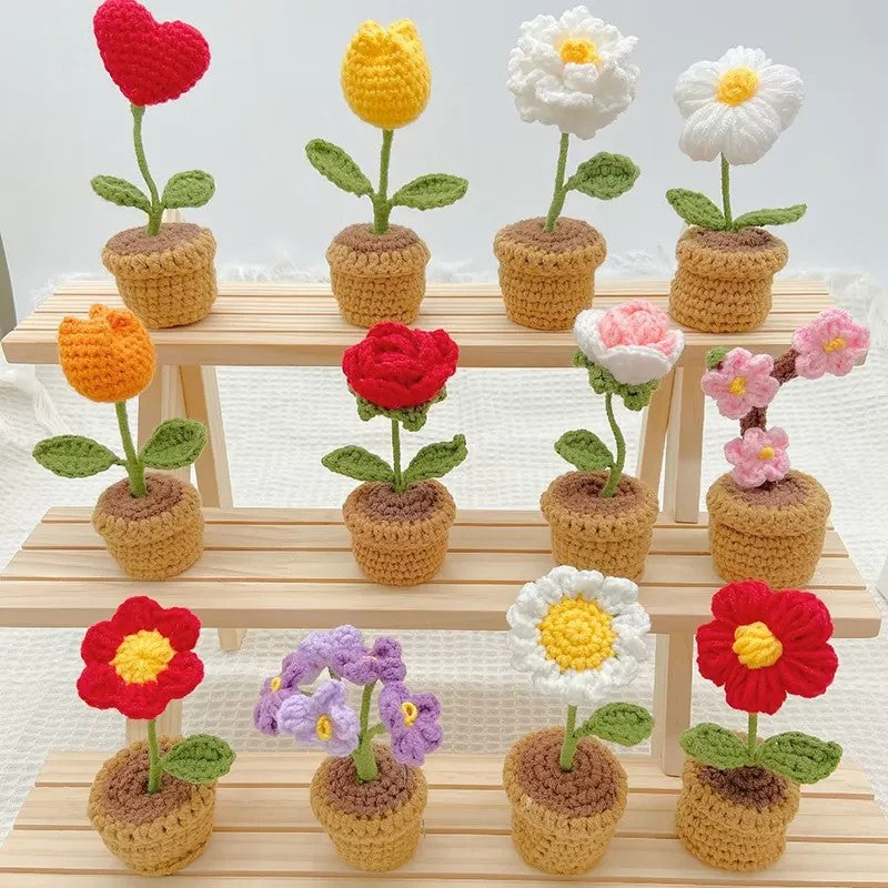Handmade Crochet Knitted Rose Flower Potted Plant - Gift for Valentine's, Birthday, Mother's Day, Office/Home Decor
