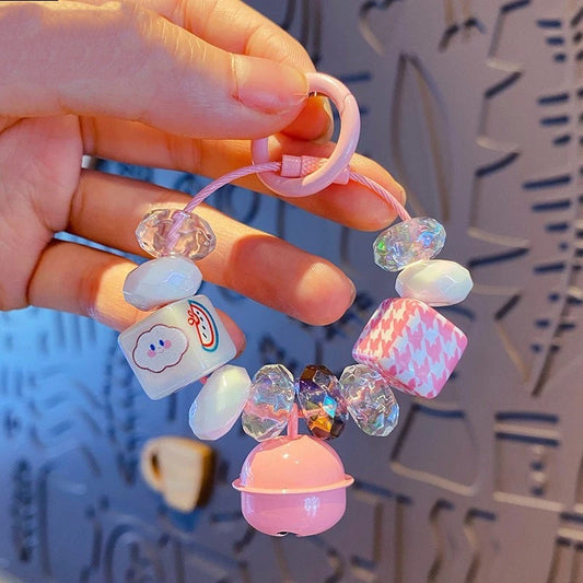 Charming Acrylic Beads Metal Bell Kawaii Cutie Keychain Backpack Handbag Charm Gift Fashion Accessories