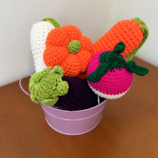 Handmade Crochet Knitted Vegetable Pumpkin, Turnip, Carrot, White Radish, Eggplant Set - Gift for Valentine's, Birthday, Mother's Day, Office/Home Decor