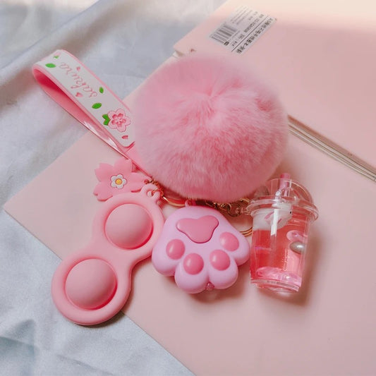 Bubble Boba Floating Liquid Tea Cup Pom Pom Pop It Cat Paw Light Sound Pink Kawaii Cutie Key Pendant Keychain Handbag Charm Gift Fashion Accessories