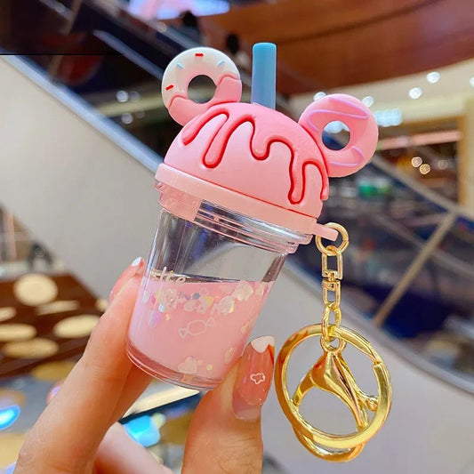 Donut Ears Bubble Floating Liquid Tea Cup Kawaii Cutie Key Pendant Keychain Handbag Charm Gift Fashion Accessories