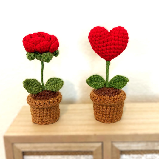 Blossoming Love - Handmade Crochet Knitted Potted Plant - Heart and Rose Bundle 2PCS - Gift for Valentine's, Birthday, Mother's Day, Office/Home Decor