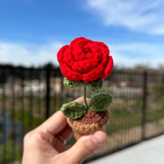 Handmade Crochet Knitted Rose Flower Potted Plant - Gift for Valentine's, Birthday, Mother's Day, Office/Home Decor