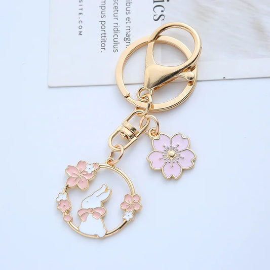 Handmade Enamel Pink Sakura Flower Bunny Ring Metal Kawaii Cutie Keychain Handbag Charm Gift Fashion Accessories