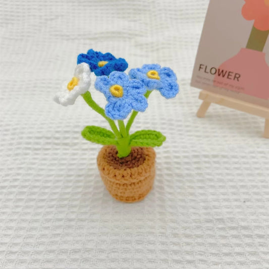 Handmade Crochet Knitted Forget Me Not Flower Potted Plant - Gift for Valentine's, Birthday, Mother's Day, Office/Home Decor