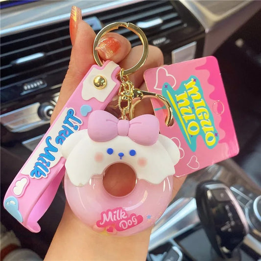 Sweet Pink Donut Bow Tie Bubble Floating Liquid Kawaii Cutie Key Pendant Keychain Handbag Charm Gift Fashion Accessories